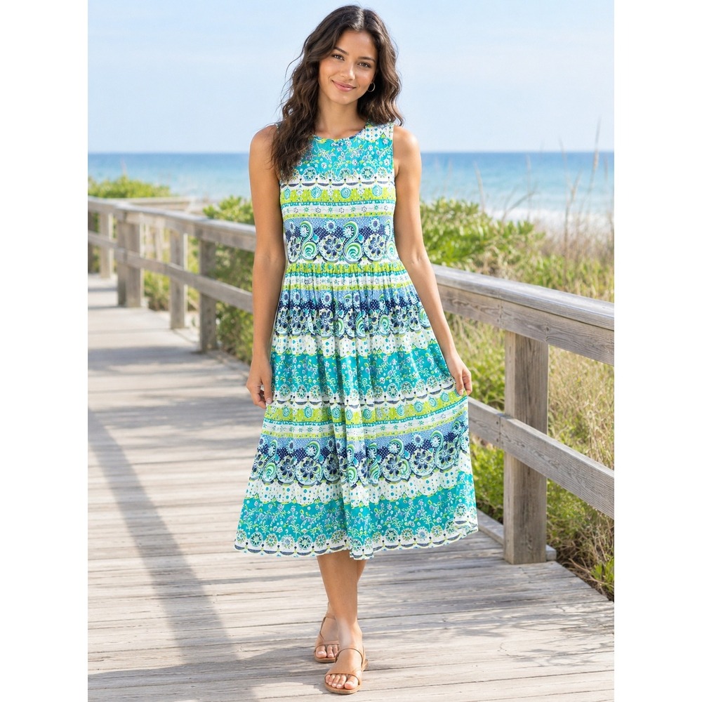 Midi Dress Womens S Boho Paisley Floral Cotton Fit Flare Cottagecore Coastal